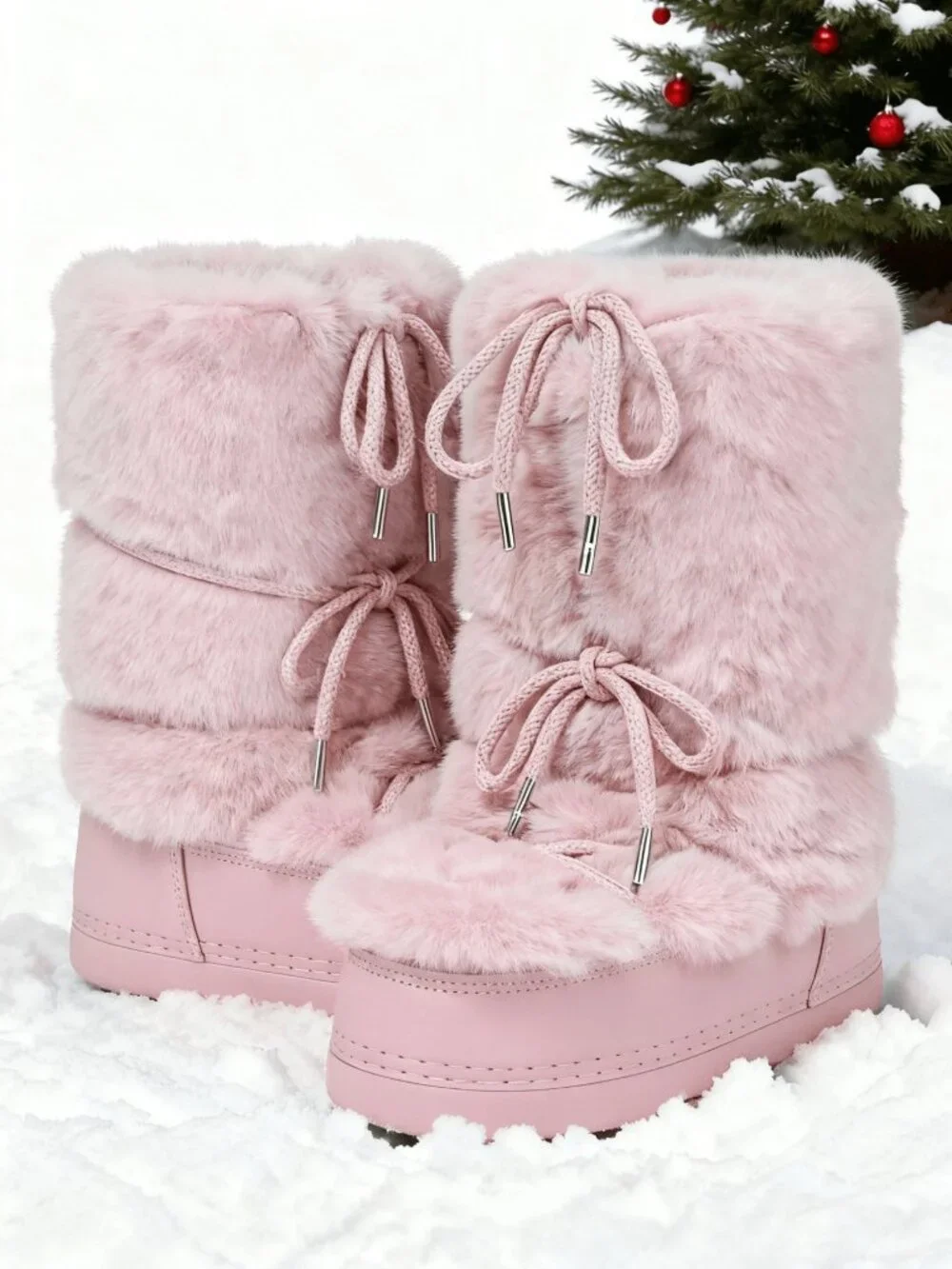 Pink Cute Women's Lace-Up Round Toe Faux Fur Platform Snow Boots